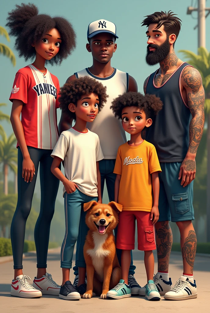 Tall girl Yankees cap curly hair long sport shirt chubby tight pants Adidas shoes, next to girl curly hair rolled white skin white Real Madrid shirt next to boy one piece shirt , next to rocker man with black leather jacket tattooed cholo, next to brown dog