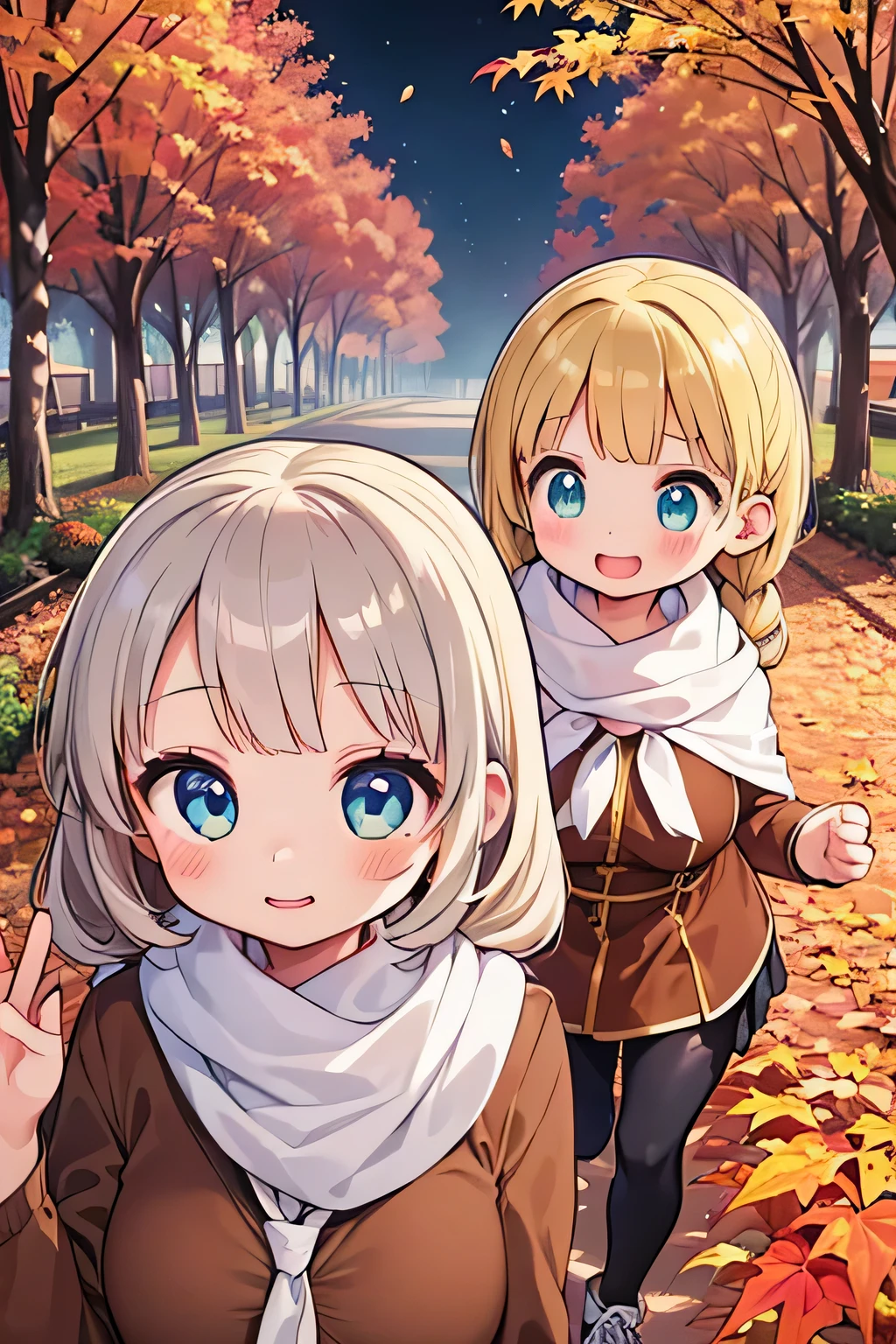 Highest quality、High resolution、Detailed Background、(Beautiful face in every detail:1.4)、Anatomically correct、Detailed facial expressions、Detailed eyes、Teenage beauty、Huge breasts、Light color hair、Braided twin tails、Braided bob cut、Cute gestures、Scenes that show the change of seasons、Innocence、A girl&#39;s bright smile、Gymnastics、Bloomers、

(Two girls running through the changing autumn scenery with big smiles on their faces:1.5)、

The girl&#39;s hair flutters in the autumn wind、Fallen leaves on the slope、Feel the change of seasons with a light heart、Happiness is enveloped in the sunset scenery、Let&#39;s cherish this moment and engrave it in our hearts、I want to remember it forever、The smiles and scenery of that day、It will continue forever、The Coming of Autumn and the Appearance of a Girl、A girl runs freely、cute
