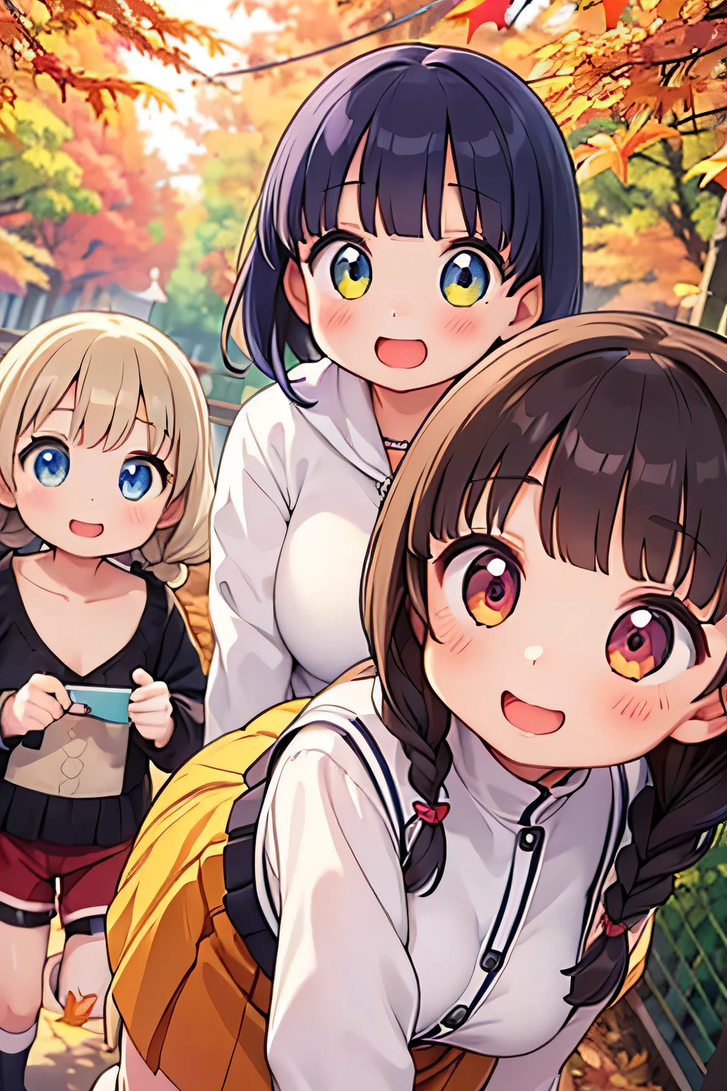Highest quality、High resolution、Detailed Background、(Beautiful face in every detail:1.4)、Anatomically correct、Detailed facial expressions、Detailed eyes、Teenage beauty、Huge breasts、Light color hair、Braided twin tails、Braided bob cut、Cute gestures、Scenes that show the change of seasons、Innocence、A girl&#39;s bright smile、Gymnastics、Bloomers、

(Two girls running through the changing autumn scenery with big smiles on their faces:1.5)、

The girl&#39;s hair flutters in the autumn wind、Fallen leaves on the slope、Feel the change of seasons with a light heart、Happiness is enveloped in the sunset scenery、Let&#39;s cherish this moment and engrave it in our hearts、I want to remember it forever、The smiles and scenery of that day、It will continue forever、The Coming of Autumn and the Appearance of a Girl、A girl runs freely、cute