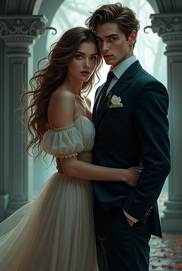 Design a book cover with a Beautiful girl with wavy long hair, bohemian dress, and a handsome boy with blue eyes, perfectly chiseled face, suit and bold text "the devil's pet" visible to the viewer 