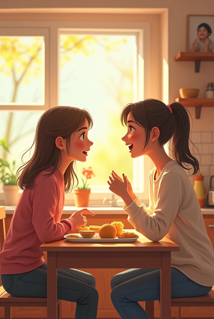 A teenage girl having breakfast on the table and chatting in the kitchen with her mother