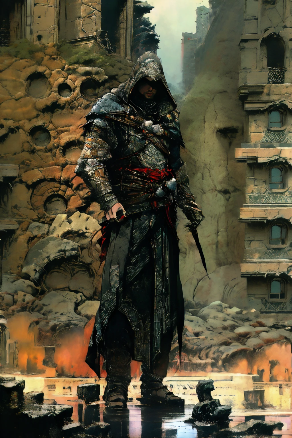 A highly detailed, cinematic illustration of an assassin from the Assassin's Creed universe:1.4, wearing a striking white hooded cloak and hidden blade, set against a moody, atmospheric background, dramatic lighting, intricate ornate architecture, photorealistic, digital art, concept art style, , was-mecha