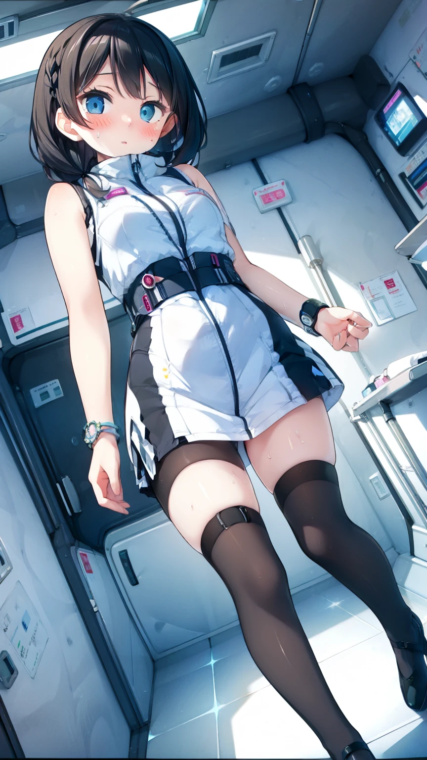 (Highest quality), (masterpiece), 1080P, High resolution, 4K, 8k, Inside the space station、Futuristic room、Thigh straps, Shooting from directly below, The woman on top of me, 白いSweat, Covered , Sweat, Woman looking down, Skirt swimsuit, Thigh-high socks, To achieve this, , , whole body, Black leather shoes, Braided hair, Inner Color, Embarrassed face, Short black hair, bracelet, Bedroom,celestial body_Vest