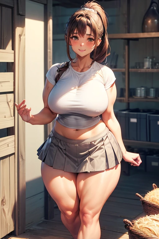 Pretty young girl, brown hair,beautiful long low ponytail hairstyle, (tight grey skirt and tight white bikini , short sleeve,,(slouch),(beautiful smile),(wide muscles),((sexy voluptuous body),(standing at farm),(sexy body flexes),(sexy curve wide hips flexes)