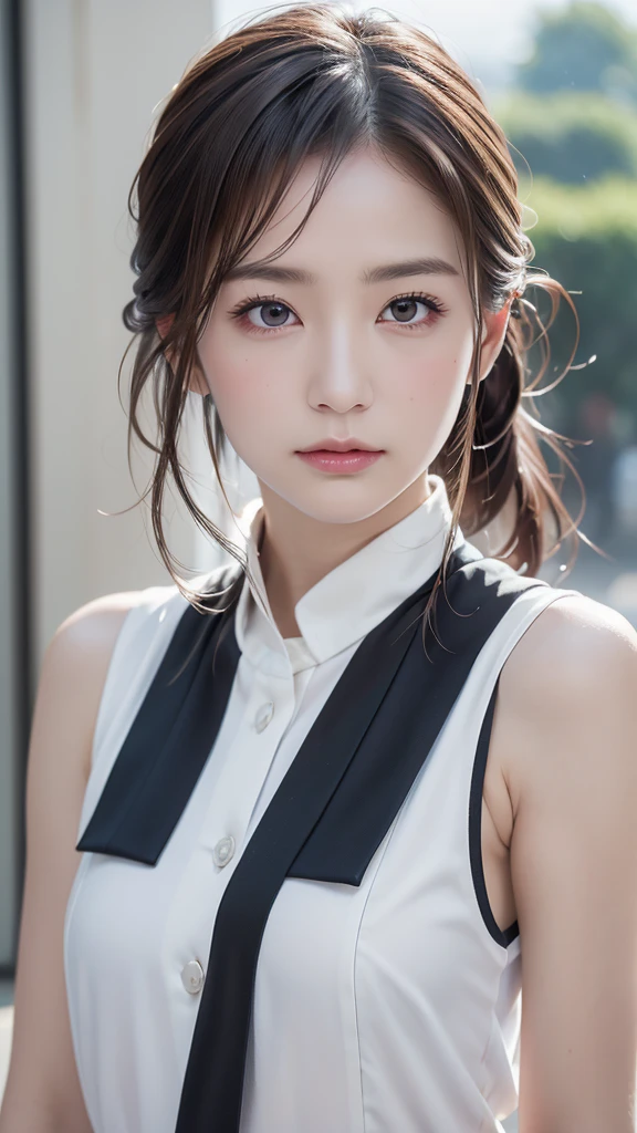 masterpiece, best quality,, sakura bakushin o (umamusume),, (close-up:1.2), rain, cloud, cloudy, shadow,, serious, closed mouth, mouth hold,, epaulettes, black gloves, sleeveless, shirt, tying hair,