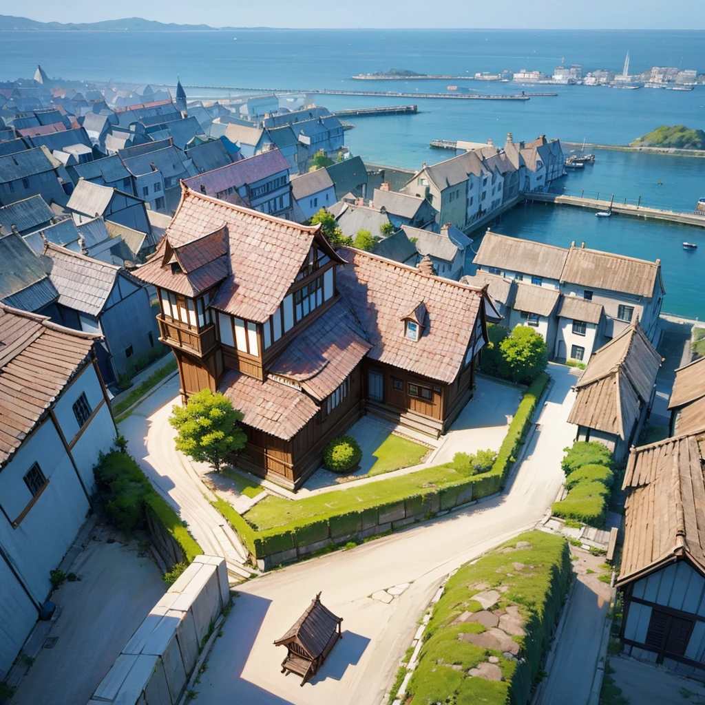 create an anime village that is not too big and not too small, smooth stone streets, houses without modern architecture and that have the sea on the side and that have a view that takes in the entire village 