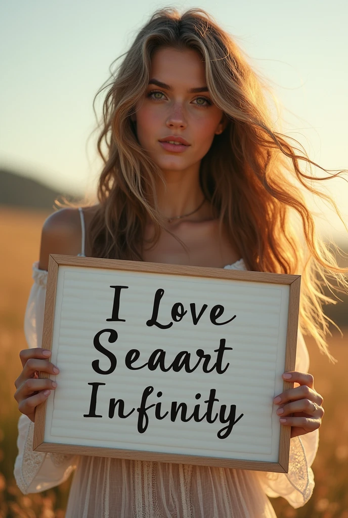 Beautiful girl with wavy long hair, bohemian dress, holding a white board with text "I Love Seaart Infinity" and showing it to the viewer