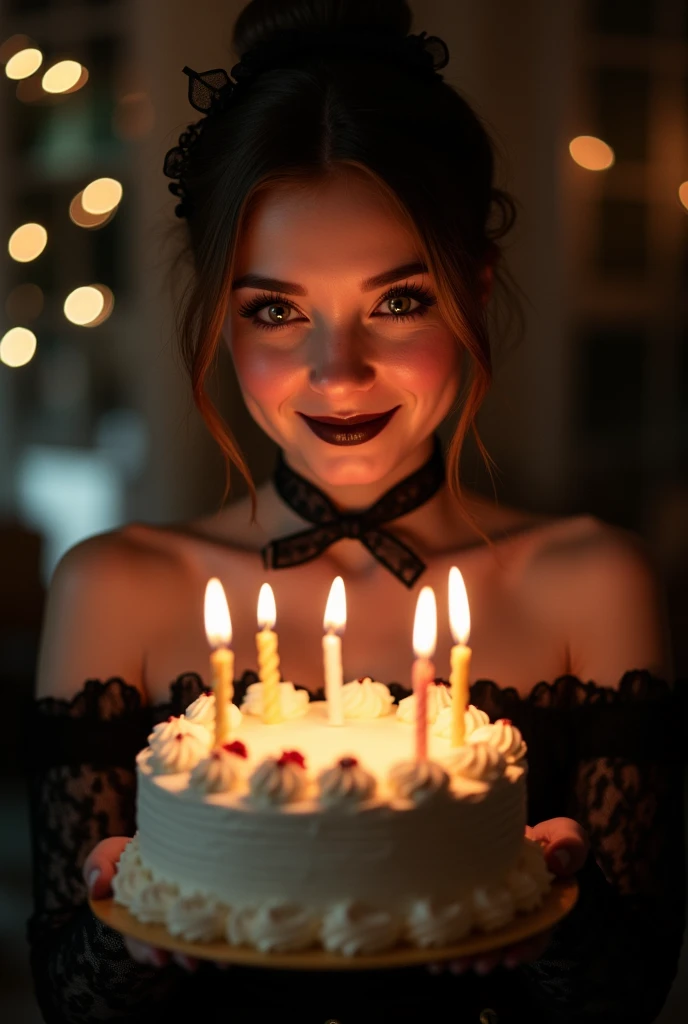 g0thg1rl, Gothic girl, large mammary glands, holding birthday cake to viewer ,candles on cake,face illuminated by candles,party room,Close up ,smiling,Invisible black background, picture of cute young girl facing the viewer,revealing party dress,heavy eye makeup,young Caucasian girl,bokeh, looks like xxxxx ,looks like like xxxxx,stylish brown hair with blonde highlights ,wedding hairstyle,ultra HD,intricate details,3d render,hyper maximalist,