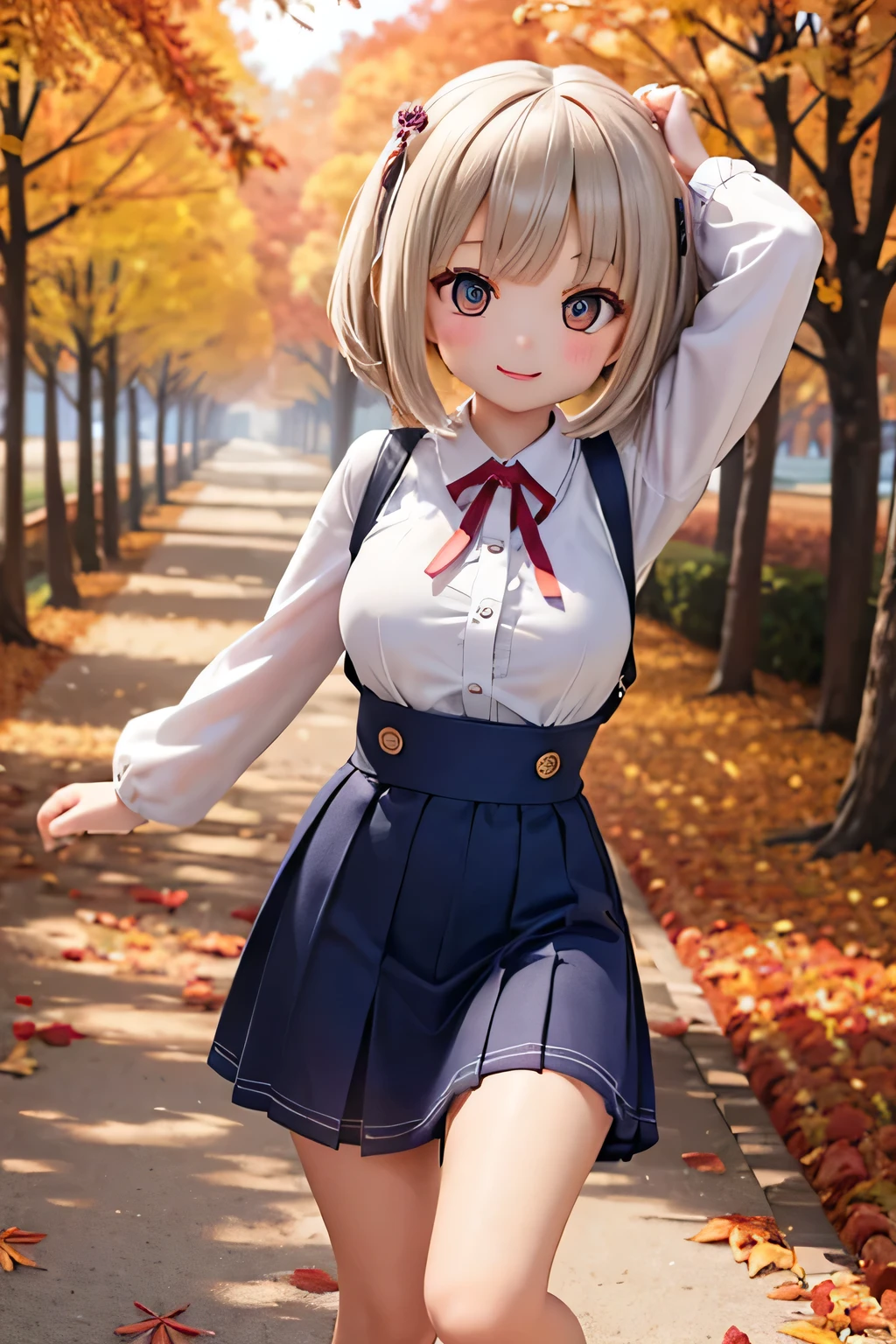 Highest quality、High resolution、Detailed Background、(Beautiful face in every detail:1.4)、Anatomically correct、Detailed facial expressions、Detailed eyes、age beauty、Huge breasts、Light color hair、Braided twin tails、Braided bob cut、Cute gestures、Scenes that show the change of seasons、Innocence、A girl's bright smile、
(A girl runs through the changing autumn scenery with a big smile:1.5)、
The girl's hair flutters in the autumn wind、Fallen leaves on the slope、Feel the change of seasons with a light heart、Happiness is enveloped in the sunset scenery、Let's cherish this moment and engrave it in our hearts、I want to remember it forever、The smiles and scenery of that day、It will continue forever、The Coming of Autumn and the Appearance of a Girl、A girl runs freely、cute