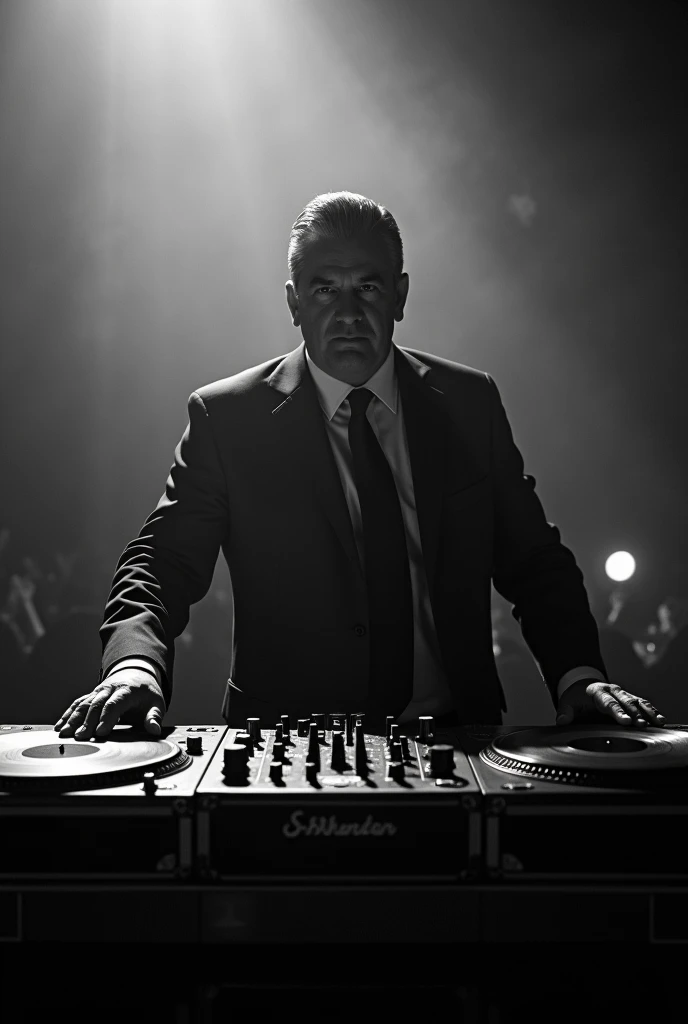 Create an image of Vicente Fernández's father being a DJ but make the image black and white