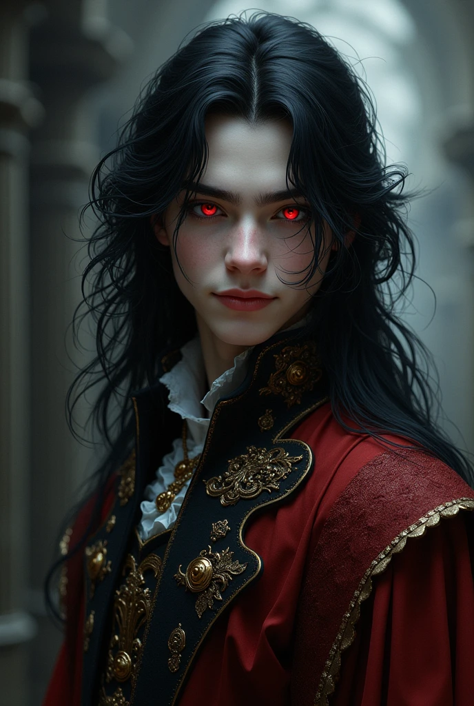 A young man with long black hair and red eyes, dressed in a medieval noble outfit, with a dark aura and a seductive, mischievous smile. 
