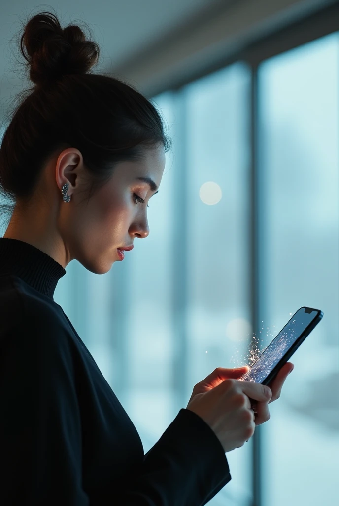 A woman uses her cell phone and the screen expands