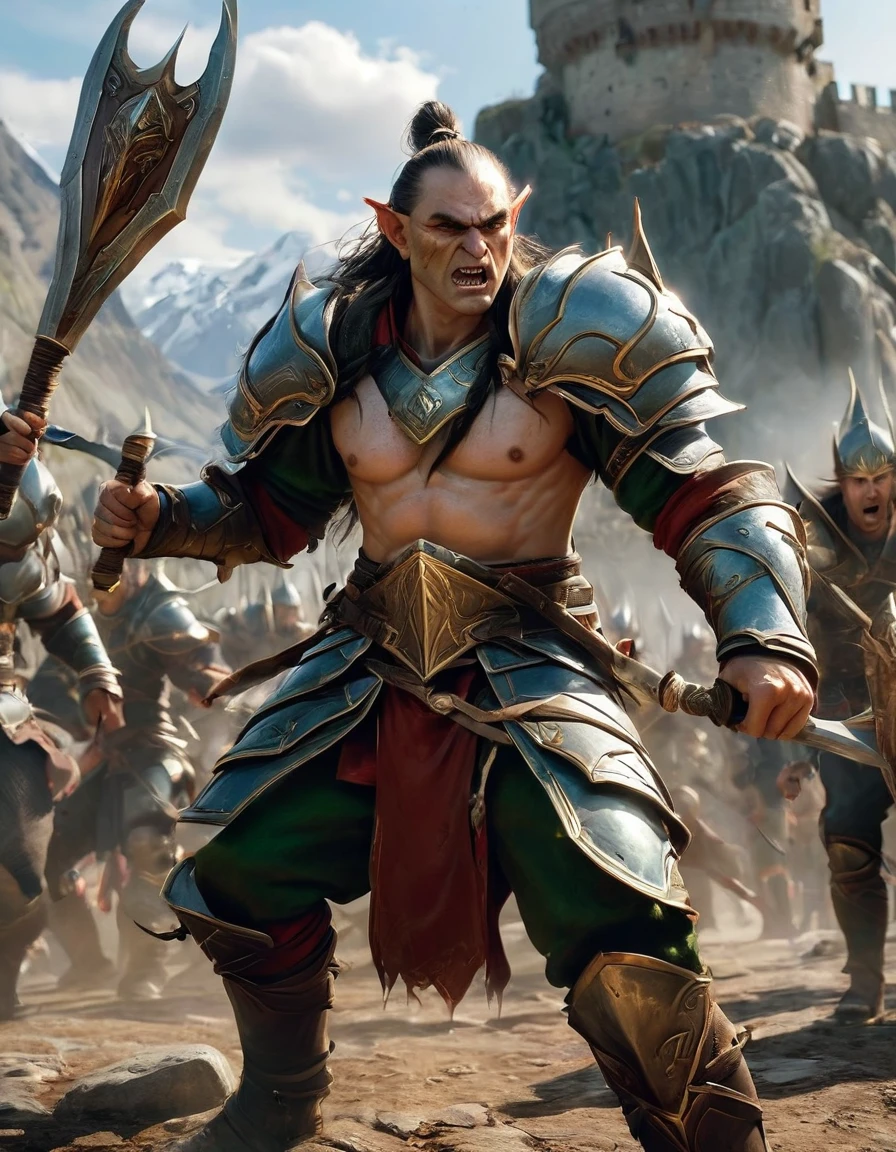 Elven warrior fight an orc outside an eleven fortress
