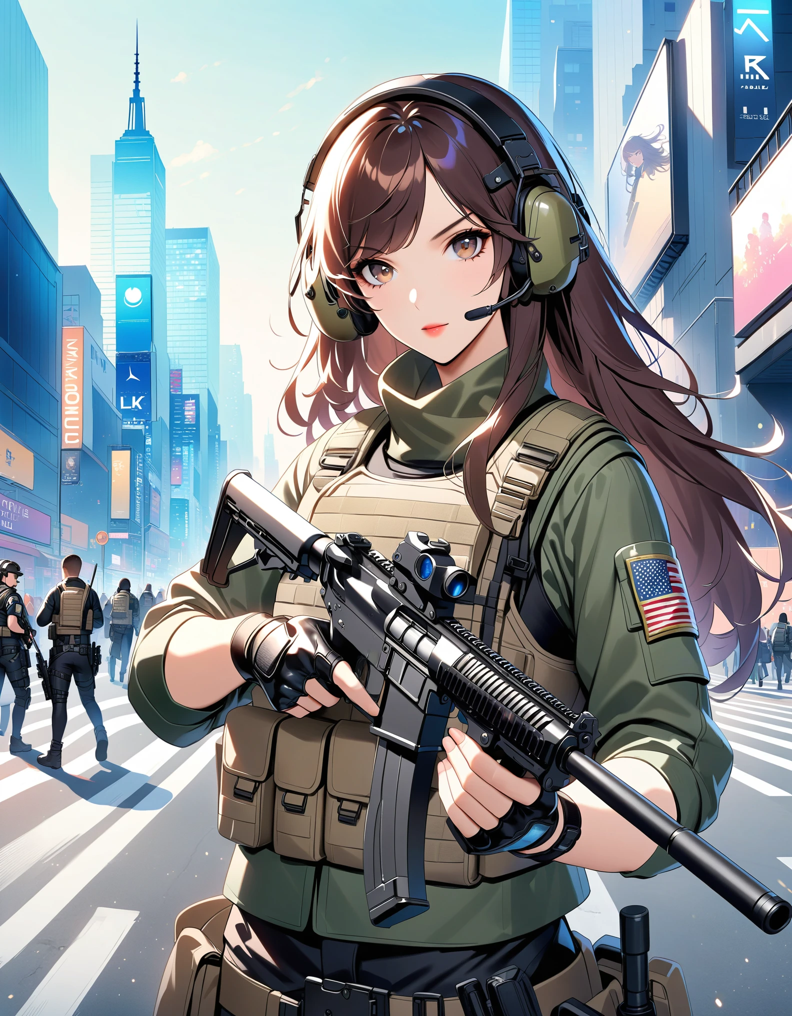 anime girl with gun in hand and city in background, brown hair, long hair, swept bangs, hazel eyes, new york, finger proportions coordination, with rifle, green collared shirt, assault vest, black pants, black tactical boots, black tactical fingerless gloves, tactical headset, solo, solo focus, daytime, badass anime 8 k, heavily armed, holding a rifle, girls frontline style, holding rifle, fine details. 4 k manga wallpaper