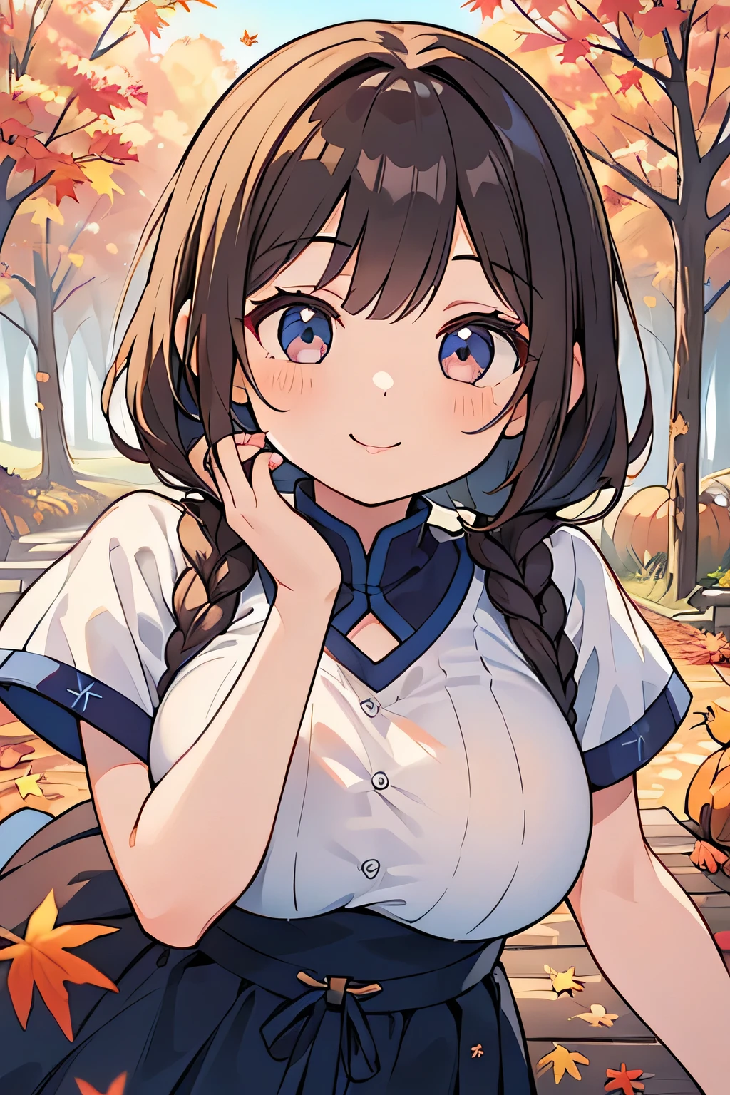 Highest quality、High resolution、Detailed Background、(Beautiful face in every detail:1.4)、Anatomically correct、Detailed facial expressions、Detailed eyes、Teenage beauty、Huge breasts、Light color hair、Braided twin tails、Braided bob cut、Cute gestures、Scenes that show the change of seasons、Innocence、A girl's bright smile、
(A girl runs through the changing autumn scenery with a big smile:1.5)、
The girl's hair flutters in the autumn wind、Fallen leaves on the slope、Feel the change of seasons with a light heart、Happiness is enveloped in the sunset scenery、Let's cherish this moment and engrave it in our hearts、I want to remember it forever、The smiles and scenery of that day、It will continue forever、The Coming of Autumn and the Appearance of a Girl、A girl runs freely、cute