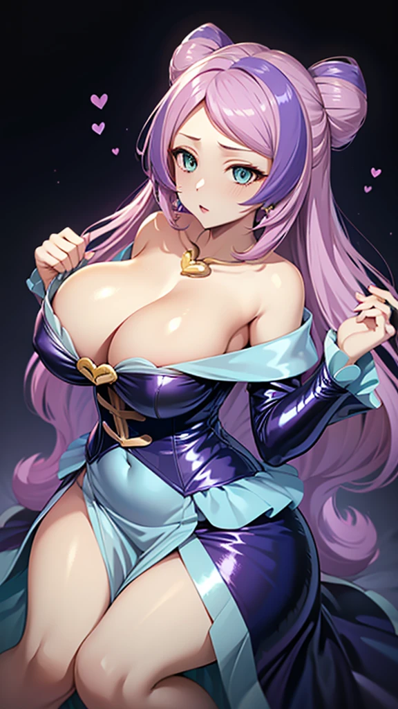 Erotic Pokemon Mimosa, tall, purple hair, curly hair, long hair, big breasts, mature married woman Light blue sequin corset off shoulder black background heart bedroom dark theme evil fall temptation excitement condescension contempt expressionless sexy pose upper body emphasis upward gaze