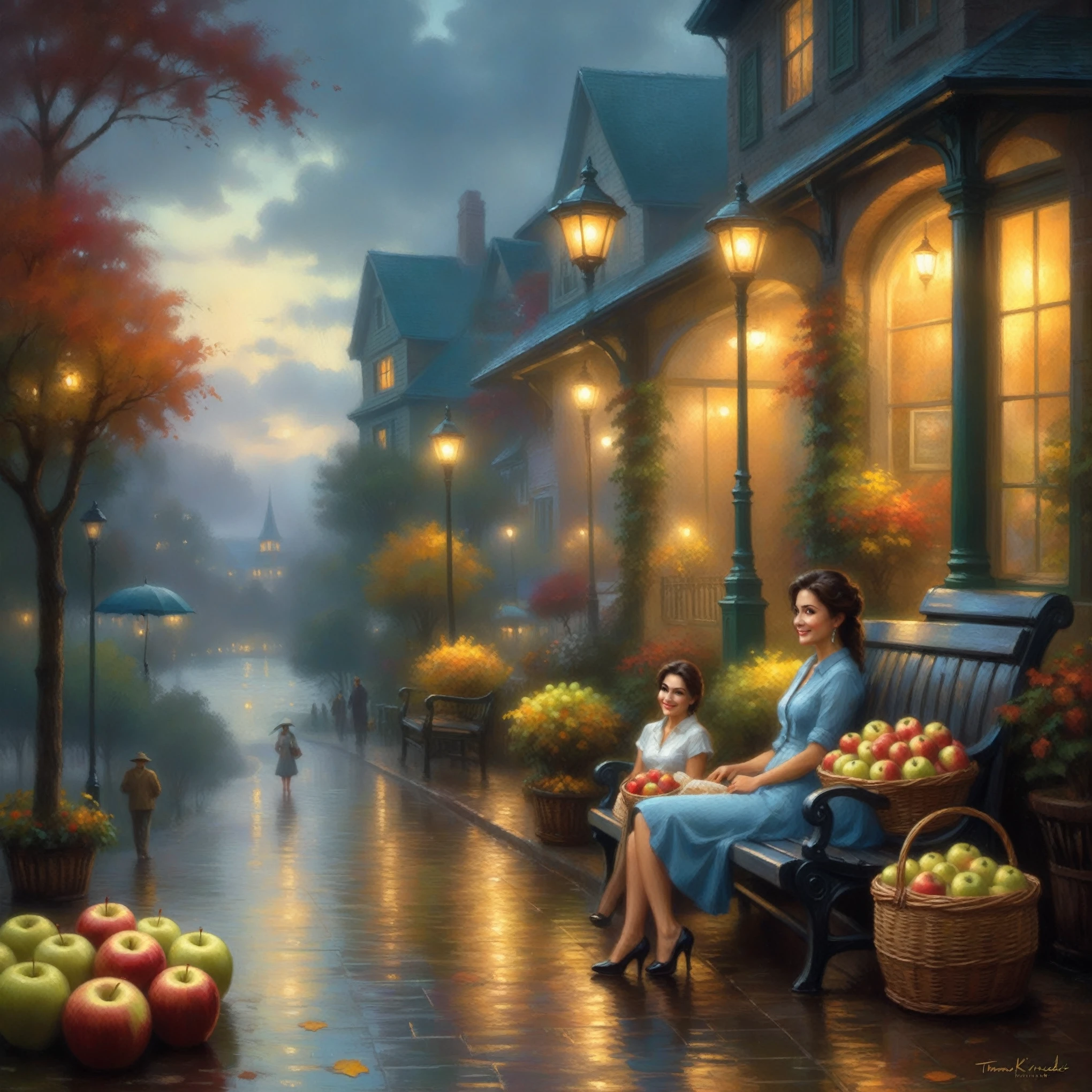 painting of a woman sitting on a bench with an umbrella and basket of apples, beautiful digital artwork, tomas kinkade, andy park, by thomas kinkade, by Thomas Kinkade, autumn night, kinkade, thomas kinkade cfg _ scale 9, rainy evening, (((thomas kinkade))), beautiful artwork, thomas kinkade painting, by Pablo Munoz Gomez