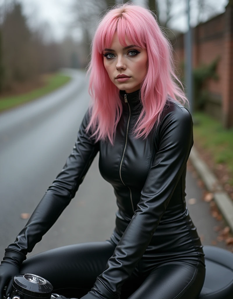 Full lenght, pink hair, narrow face, grey eyes, girl, 18 years old, slim figure, almond-shaped eyes, button nose, full lips, european appearance, ultra highly intricate detailed, black eyeliner, leather bodysuite, over knee boots, looking at the camera, professional photography, ultra sharp focus, very beautiful, on motorcycle