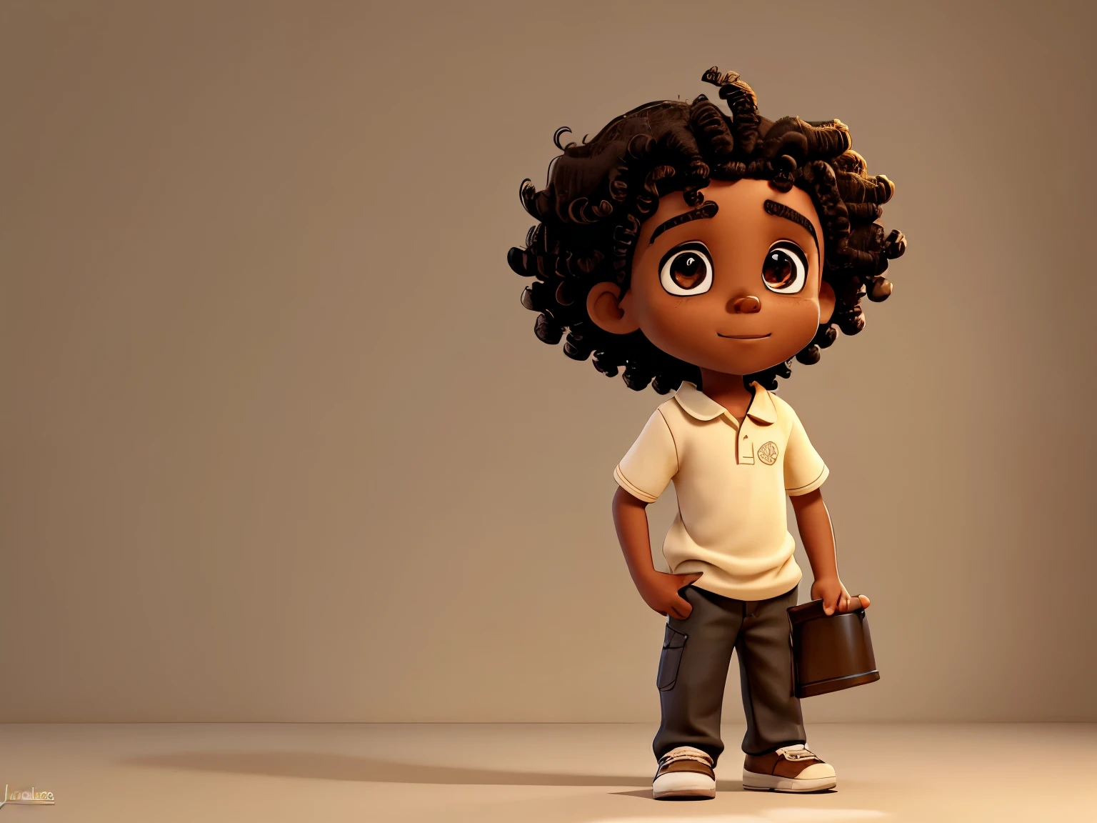 Make a picture of a 10 year old black boy, with very short and curly hair, with brown and sparkling eyes. He is holding a tray. A background with clean walls in a very light beige tone emphasizing only the boy.