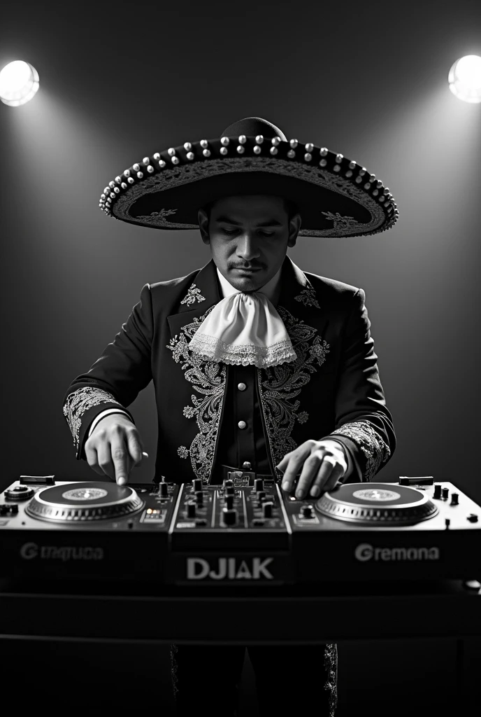 Create an image of a mariachi being a DJ but make the image black and white