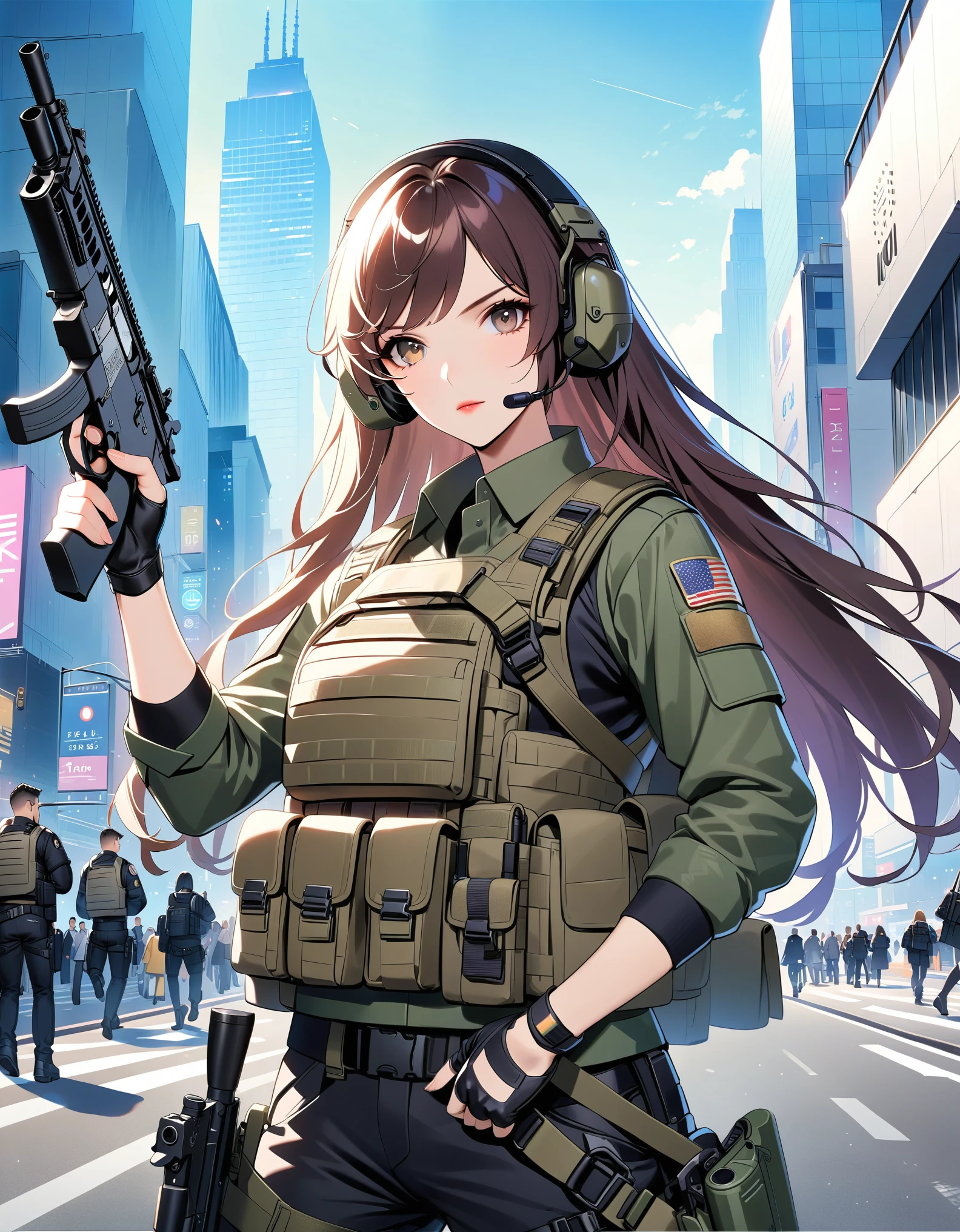 anime girl with gun in hand and city in background, brown hair, long hair, swept bangs, hazel eyes, new york, finger proportions coordination, with rifle, green collared shirt, assault vest, black pants, black tactical boots, black tactical fingerless gloves, tactical headset, solo, solo focus, daytime, badass anime 8 k, heavily armed, holding a rifle, girls frontline style, holding rifle, fine details. 4 k manga wallpaper