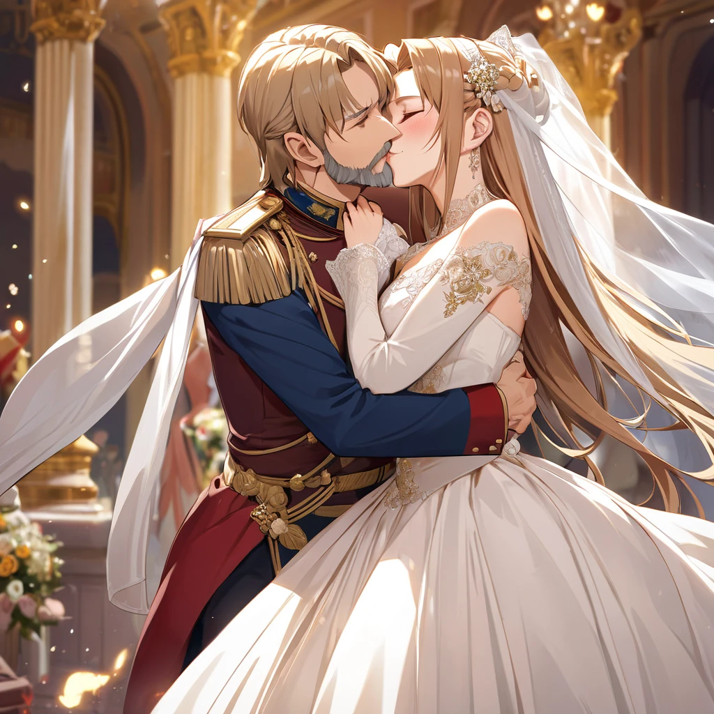 ((Highest quality)), ((masterpiece)), (detailed), (Perfect Face)、The woman is Yuuki Asuna, a Russian with light brown, medium-long hair, an elegant, graceful and beautiful Russian noblewoman, and the Empress of the Great Russian Empire.、The woman is beautifully dressed in a gorgeous Russian court dress, mainly in a glittering gold wedding dress, a wedding veil, and luxurious accessories, and is wearing a beautiful and luxurious kokoshnik.、The woman is standing next to a great, dignified, bearded old Russian emperor at a grand wedding.、The woman is embraced by the great Russian emperor in a luxurious palace, they fall in love, kiss each other, and get married.、The woman is embracing the great old Russian emperor, kissing him, making love to him, and looking happy and close to him, the elderly emperor and the beautiful young empress.