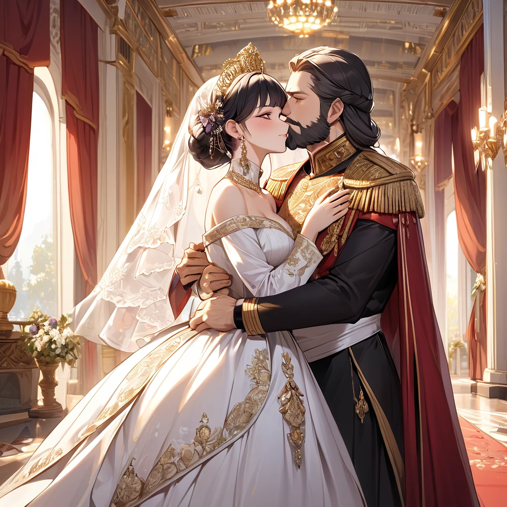 ((Highest quality)), ((masterpiece)), (detailed), （Perfect Face）、The woman is Shinobu Kocho, a Russian with black hair with purple gradient ends, tied in a bob hairstyle, an elegant, graceful and beautiful Russian noblewoman, and the Empress of the Great Russian Empire.、The woman is beautifully dressed in a gorgeous, glittering gold wedding dress and wedding veil of the ancient Russian court dress worn by an ancient Russian empress, as well as luxurious accessories and a kokoshnik.、The woman is standing next to a great, dignified, bearded old Russian emperor at a grand wedding.、The woman is embraced by the great Russian emperor in a luxurious palace, they fall in love, kiss each other, and get married.、The woman is embracing the great old Russian emperor, kissing him, making love to him, and looking happy and close to him, the elderly emperor and the beautiful young empress.