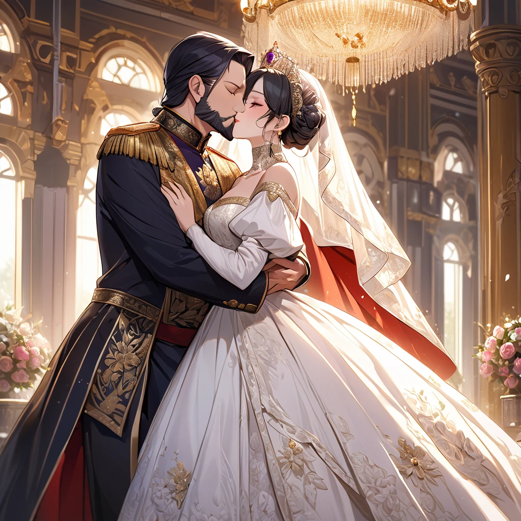((Highest quality)), ((masterpiece)), (detailed), （Perfect Face）、The woman is Shinobu Kocho, a Russian with black hair with purple gradient ends, tied in a bob hairstyle, an elegant, graceful and beautiful Russian noblewoman, and the Empress of the Great Russian Empire.、The woman is beautifully dressed in a gorgeous, glittering gold wedding dress and wedding veil of the ancient Russian court dress worn by an ancient Russian empress, as well as luxurious accessories and a kokoshnik.、The woman is standing next to a great, dignified, bearded old Russian emperor at a grand wedding.、The woman is embraced by the great Russian emperor in a luxurious palace, they fall in love, kiss each other, and get married.、The woman is embracing the great old Russian emperor, kissing him, making love to him, and looking happy and close to him, the elderly emperor and the beautiful young empress.