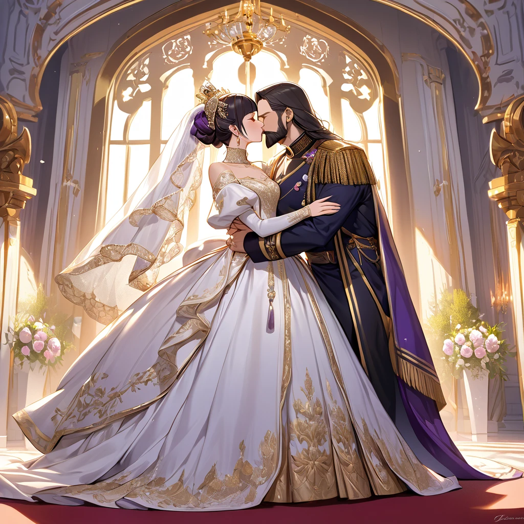 ((Highest quality)), ((masterpiece)), (detailed), (Perfect Face)、The woman is Shinobu Kocho, a Russian with black hair with purple gradient ends, tied in a bob hairstyle, an elegant, graceful and beautiful Russian noblewoman, and the Empress of the Great Russian Empire.、The woman is beautifully dressed in a gorgeous, glittering gold wedding dress and wedding veil of the ancient Russian court dress worn by an ancient Russian empress, as well as luxurious accessories and a kokoshnik.、The woman is standing next to a great, dignified, bearded old Russian emperor at a grand wedding.、The woman is embraced by the great Russian emperor in a luxurious palace, they fall in love, kiss each other, and get married.、The woman is embracing the great old Russian emperor, kissing him, making love to him, and looking happy and close to him, the elderly emperor and the beautiful young empress.