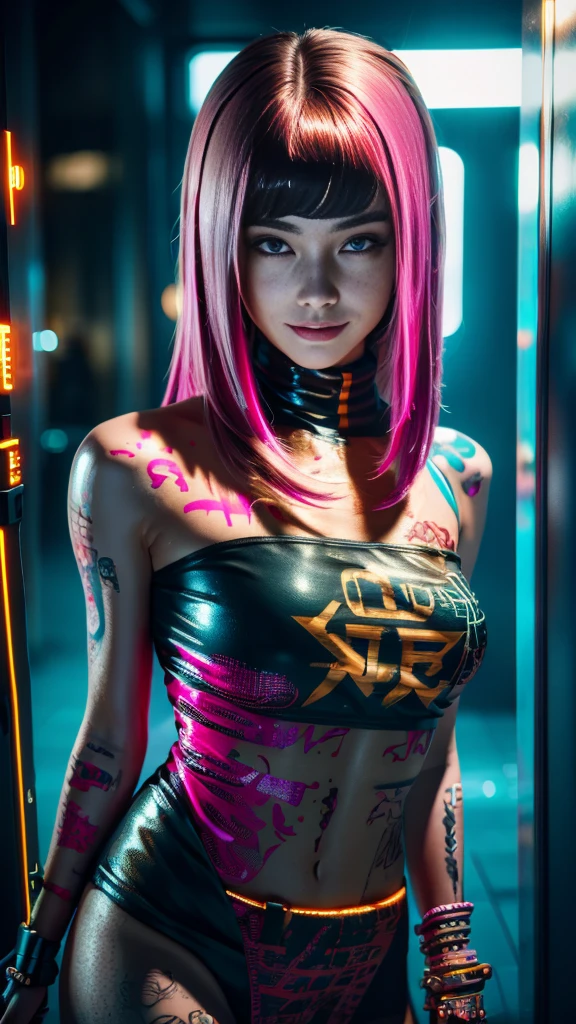 full length long shot:1.4, (( a sensual and beautiful young woman)), sensual smile, with a tattoo on her arm and cheek, beautiful and modern hairstyle with a lock of pink hair, beautiful cyberpunk girl, beautiful girl face cyberpunk, dreamy, beautiful and detailed hair, soft and luminous:1.3, dark environment, ultra-realistic 8k, cyberpunk 20 years old. or model girl, The portrait, Highly detailed 32k digital art, beautiful digital artwork, Cyborg Cyberpunk. pink, orange, cyan, brown colors, realistic digital art in 8k, soft neon lighting on the face and body, (( Highly detailed: 1.4), (( masterpiece )), ( Hyper detailed and beautiful: 1.3), (Photorealistic: 1.4)