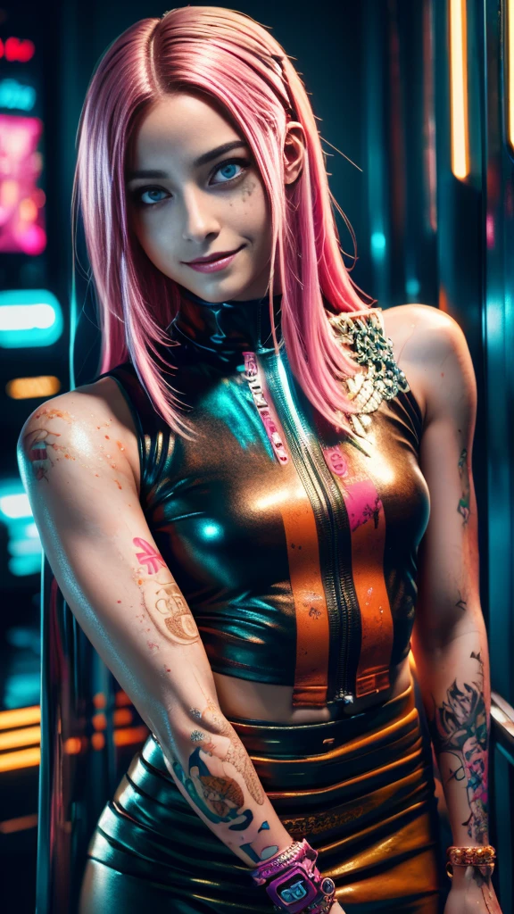 full length long shot:1.4, (( a sensual and beautiful young woman)), sensual smile, with a tattoo on her arm and cheek, beautiful and modern hairstyle with a lock of pink hair, beautiful cyberpunk girl, beautiful girl face cyberpunk, dreamy, beautiful and detailed hair, soft and luminous:1.3, dark environment, ultra-realistic 8k, cyberpunk 20 years old. or model girl, The portrait, Highly detailed 32k digital art, beautiful digital artwork, Cyborg Cyberpunk. pink, orange, cyan, brown colors, realistic digital art in 8k, soft neon lighting on the face and body, (( Highly detailed: 1.4), (( masterpiece )), ( Hyper detailed and beautiful: 1.3), (Photorealistic: 1.4)