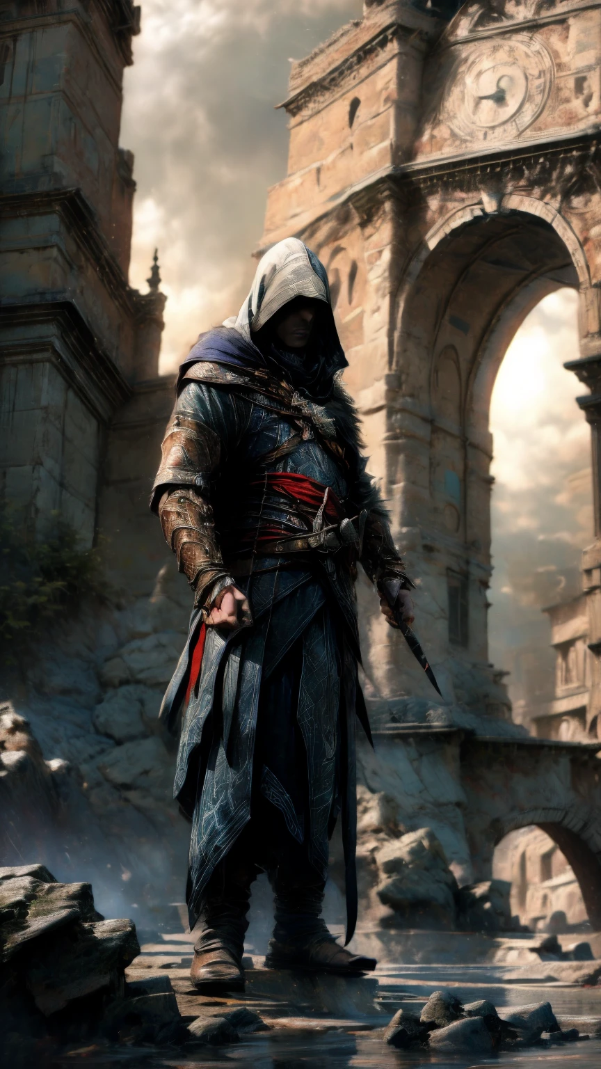 A highly detailed, cinematic illustration of an assassin from the Assassin's Creed universe:1.4, wearing a striking white hooded cloak and hidden blade, set against a moody, atmospheric background, dramatic lighting, intricate ornate architecture, photorealistic, digital art, concept art style