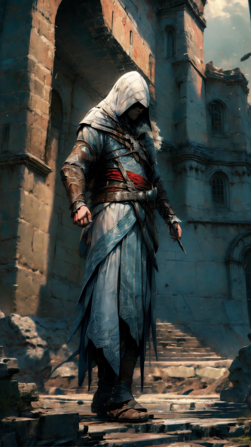 A highly detailed, cinematic illustration of an assassin from the Assassin's Creed universe:1.4, wearing a striking white hooded cloak and hidden blade, set against a moody, atmospheric background, dramatic lighting, intricate ornate architecture, photorealistic, digital art, concept art style