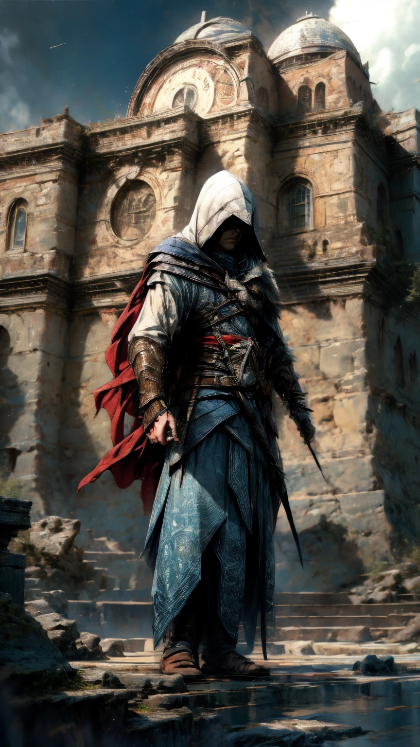 A highly detailed, cinematic illustration of an assassin from the Assassin's Creed universe:1.4, wearing a striking white hooded cloak and hidden blade, set against a moody, atmospheric background, dramatic lighting, intricate ornate architecture, photorealistic, digital art, concept art style