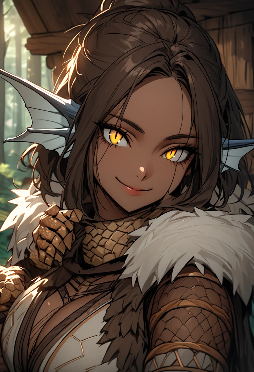 solo, female, tall, fit, broad shoulders, fit, light skin, long brown ponytail, scars, yellow eyes, slit pupils, head fins, broad shoulders, scales on forearms, scale hands:1.3, forest, wood cabin, day, smile, close up, crocodilian tail, fur collar cape, close up, adventurer, tribal warrior, large breasts:0.3