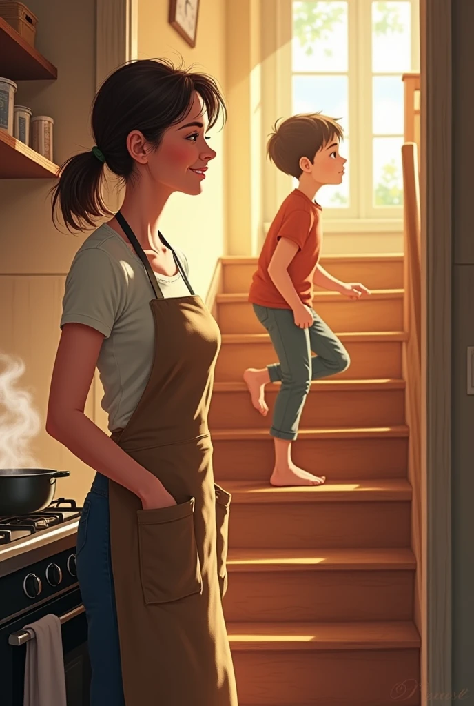 a mother making breakfast and looking up the stairs as her son comes down