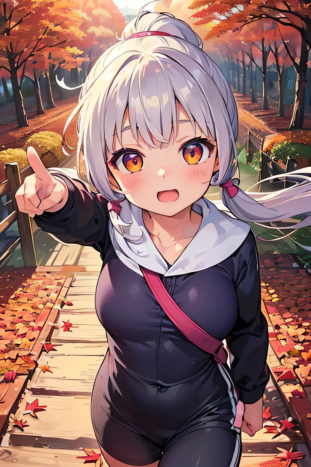 Highest quality、High resolution、Detailed Background、(Beautiful face in every detail:1.4)、Anatomically correct、Detailed facial expressions、Detailed eyes、age beauty、Huge breasts、Light color hair、Twin tails、ponytail、Cute gestures、Scenes that show the change of seasons、Innocence、A girl's bright smile、
(A girl running happily through the changing autumn scenery:1.5)、
The girl's hair flutters in the autumn wind、Fallen leaves on the slope、Feel the change of seasons with a light heart、Happiness is enveloped in the sunset scenery、Let's cherish this moment and engrave it in our hearts、I want to remember it forever、The smiles and scenery of that day、It will continue forever、The Coming of Autumn and the Appearance of a Girl、A girl runs freely、cute