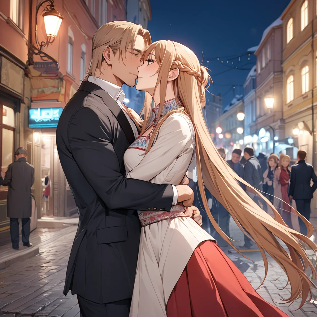 ((Highest quality)), ((masterpiece)), (detailed), (Perfect Face)、The woman is Yuuki Asuna, a Russian with light brown, semi-long hair.、In the streets of Russia, women are beautifully dressed in everyday Russian clothing and luxurious accessories.、The woman is having a fun date with a hunky Russian man.、A man is embracing a woman