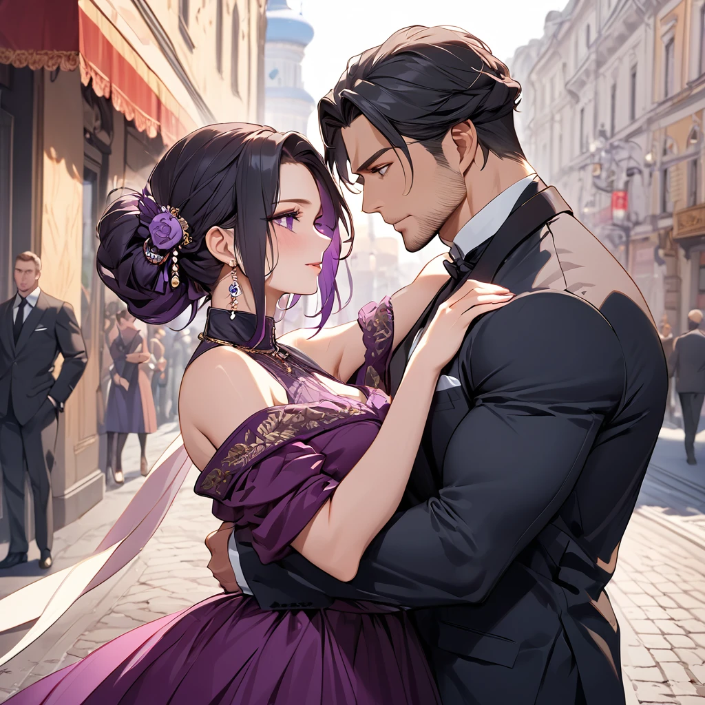 ((Highest quality)), ((masterpiece)), (detailed), (Perfect Face)、The woman is Shinobu Kocho, a Russian with black hair in a purple gradient bob style, tied up in a formal evening hairstyle.、In the streets of Russia, women are beautifully dressed in everyday Russian clothing and luxurious accessories.、The woman is having a fun date with a muscular Russian man.、A man is embracing a woman