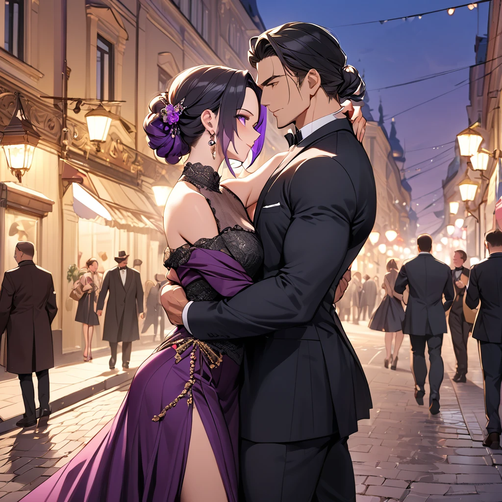 ((Highest quality)), ((masterpiece)), (detailed), (Perfect Face)、The woman is Shinobu Kocho, a Russian with black hair in a purple gradient bob style, tied up in a formal evening hairstyle.、In the streets of Russia, women are beautifully dressed in everyday Russian clothing and luxurious accessories.、The woman is having a fun date with a muscular Russian man.、A man is embracing a woman