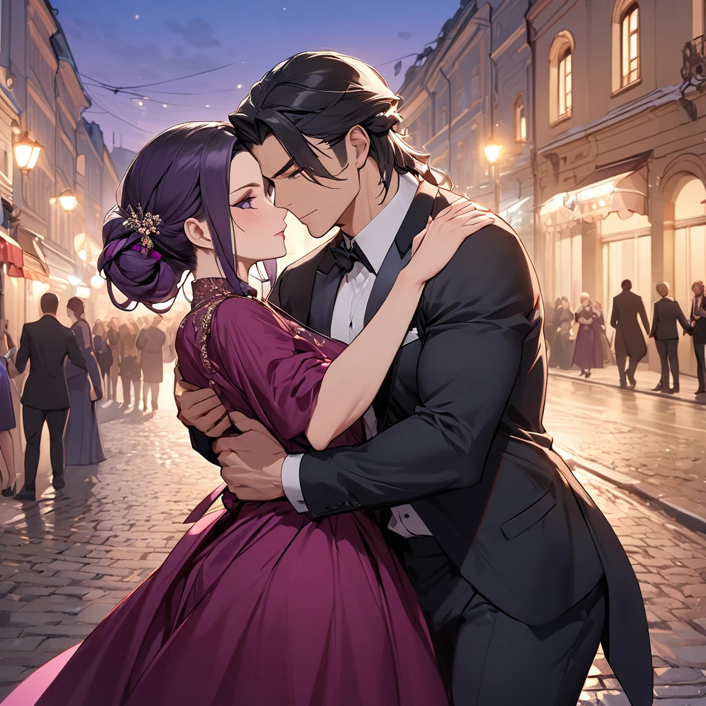 ((Highest quality)), ((masterpiece)), (detailed), （Perfect Face）、The woman is Shinobu Kocho, a Russian with black hair in a purple gradient bob style, tied up in a formal evening hairstyle.、In the streets of Russia, women are beautifully dressed in everyday Russian clothing and luxurious accessories.、The woman is having a fun date with a muscular Russian man.、A man is embracing a woman