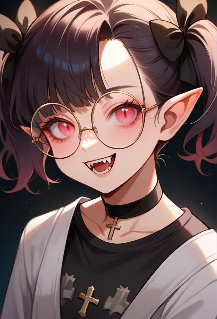 score_9, score_8_up, score_7_up, source_anime, female, round eyewear, fangs, humanoid pointy ears, (red eyes, pink eyes), black hair, short hair, short twintails, hair bow, black background, smile, open mouth, black shirt, choker, cross, hair across eyes,full body closeup, looking at viewer, dark dungeon setting 