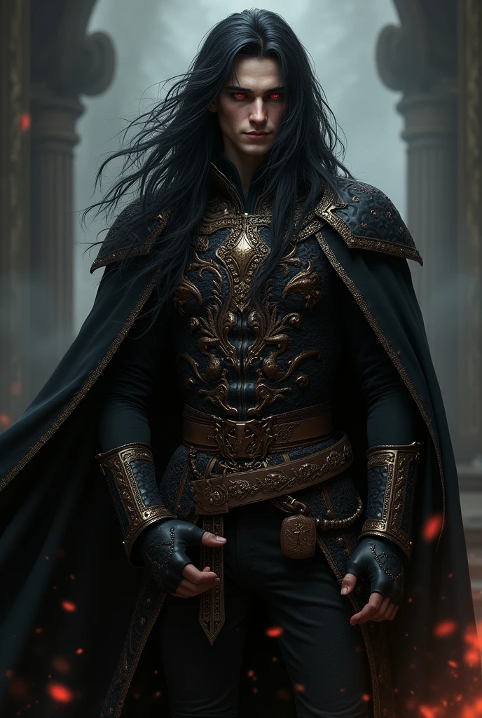 A young man with long black hair and red eyes, dressed in a medieval noble outfit, with a dark aura and a seductive, mischievous smile.