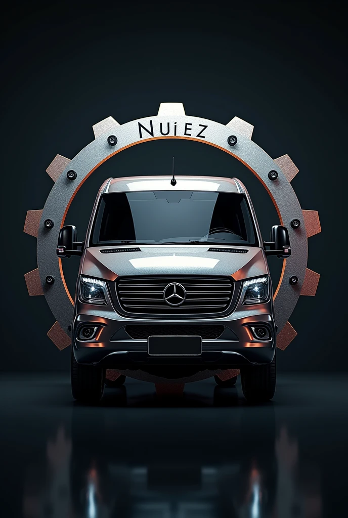 photorealistic logo, automotive workshop, van in center, gear around, NUÑEZ text, intricate details, 3D rendering, metallic textures, sleek design, dynamic composition, professional branding, high quality, cinematic lighting, vibrant colors, industrial style, engineering precision