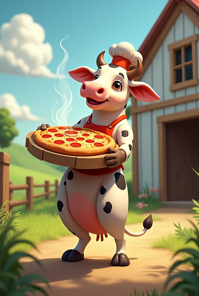 a cow carrying pizza