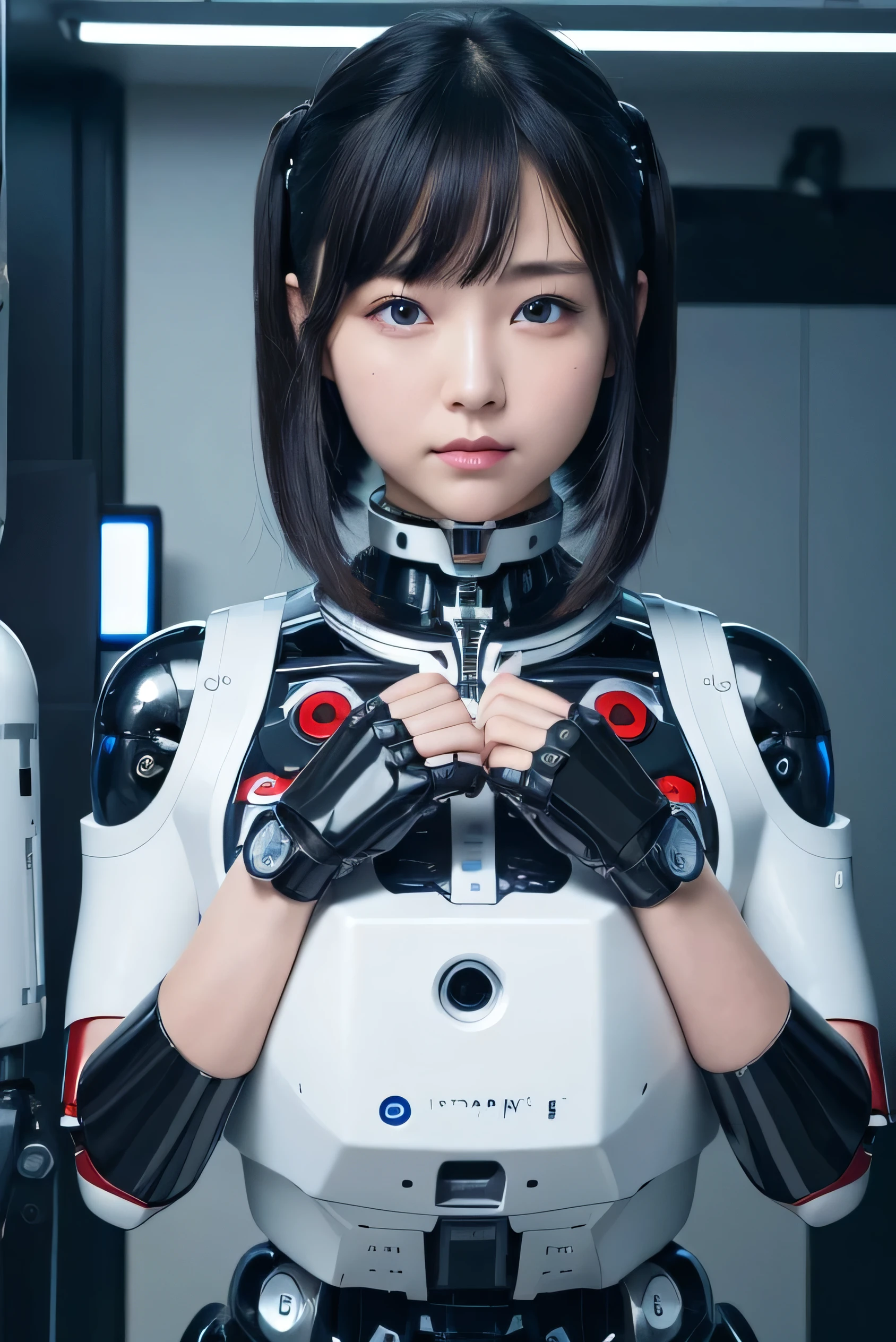 masterpiece, best quality, extremely detailed, Japaese android girl,portrait,Plump,a bit chubby,control panels,android,Droid,Mechanical Hand, Robot arms and legs, Black hair,Blunt bangs,perfect robot girl,long tube,thick cable connected her neck,android,robot,humanoid,cyborg,japanese cyborg girl ,robot-assembly plant,She is assembling now,assembly scene,blue eyes,chest monitor