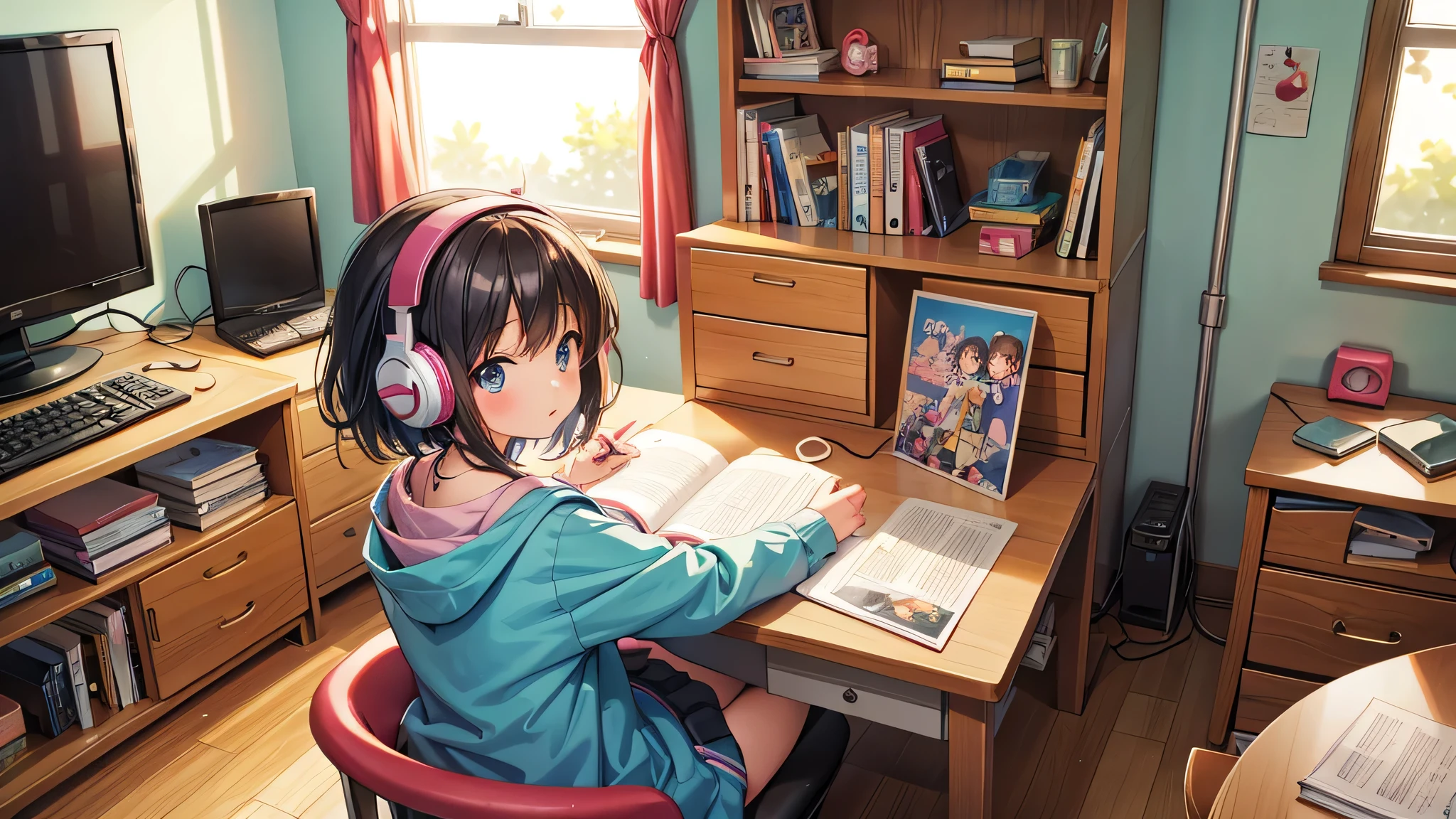 
10 year old girl Lofi style, sitting, studying in her room, with headphones, Japanese anime comic style