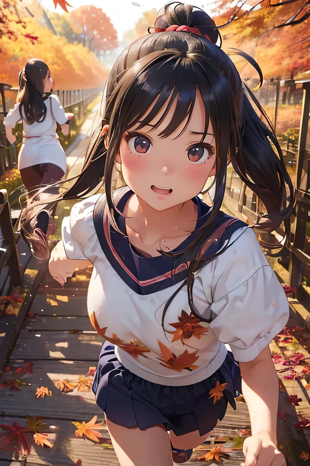 Highest quality、High resolution、Detailed Background、(Beautiful face in every detail:1.4)、Anatomically correct、Detailed facial expressions、Detailed eyes、Teenage beauty、Huge breasts、Light color hair、Twin tails、ponytail、Cute gestures、Scenes that show the change of seasons、Innocence、A girl's bright smile、
(A girl running happily through the changing autumn scenery:1.5)、
The girl's hair flutters in the autumn wind、Fallen leaves on the slope、Feel the change of seasons with a light heart、Happiness is enveloped in the sunset scenery、Let's cherish this moment and engrave it in our hearts、I want to remember it forever、The smiles and scenery of that day、It will continue forever、The Coming of Autumn and the Appearance of a Girl、A girl runs freely、cute