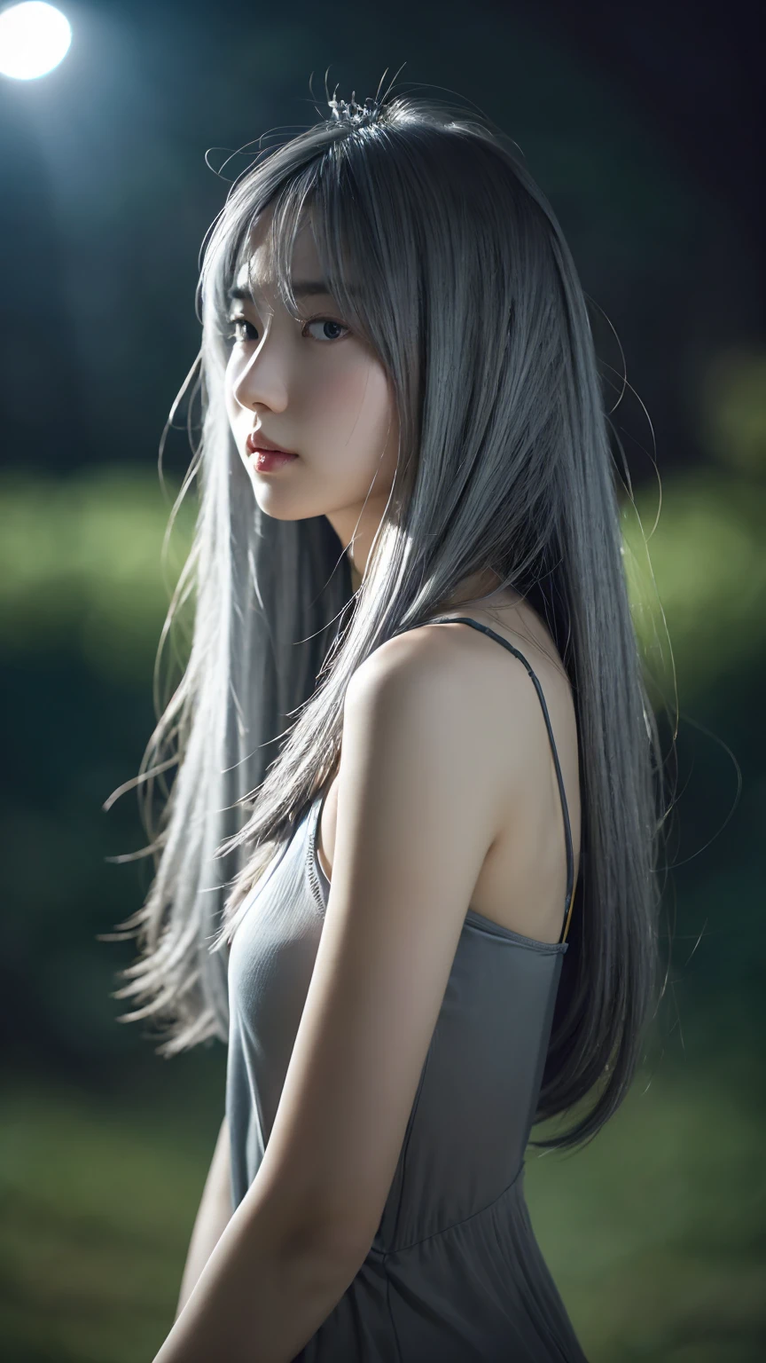 masterpiece, high quality, High resolution, 8k, (alone:1.2), ((One girl)), Japanese women, Detailed face, Detailed eyes, Correct body structure, Upper Body, ((Gray Hair:1.2)), Very long hair, Messy Hair, Slender body, Captivating silhouette, Glowing Bones, Depth of written boundary, Nighttime dark photos, It&#39;s dim, bangs, Cinema Lighting, Tyndall effect, Abstract background, Futuristic costume, Vibrant colors, Modern Style, Wide sleeves, artistic, Unique Pattern, colorful, stylish, trend、(((Volumizing Breasts 1.9))) 、 (Micro Bikini 1.4)、(Saggy breasts 1.4), (Valley 1.5)、