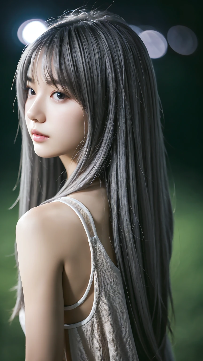 masterpiece, high quality, High resolution, 8k, (alone:1.2), ((One girl)), Japanese women, Detailed face, Detailed eyes, Correct body structure, Upper Body, ((Gray Hair:1.2)), Very long hair, Messy Hair, Slender body, Captivating silhouette, Glowing Bones, Depth of written boundary, Nighttime dark photos, It&#39;s dim, bangs, Cinema Lighting, Tyndall effect, Abstract background, Futuristic costume, Vibrant colors, Modern Style, Wide sleeves, artistic, Unique Pattern, colorful, stylish, trend、(((Volumizing Breasts 1.9))) 、 (Micro Bikini 1.4)、(Saggy breasts 1.4), (Valley 1.5)、